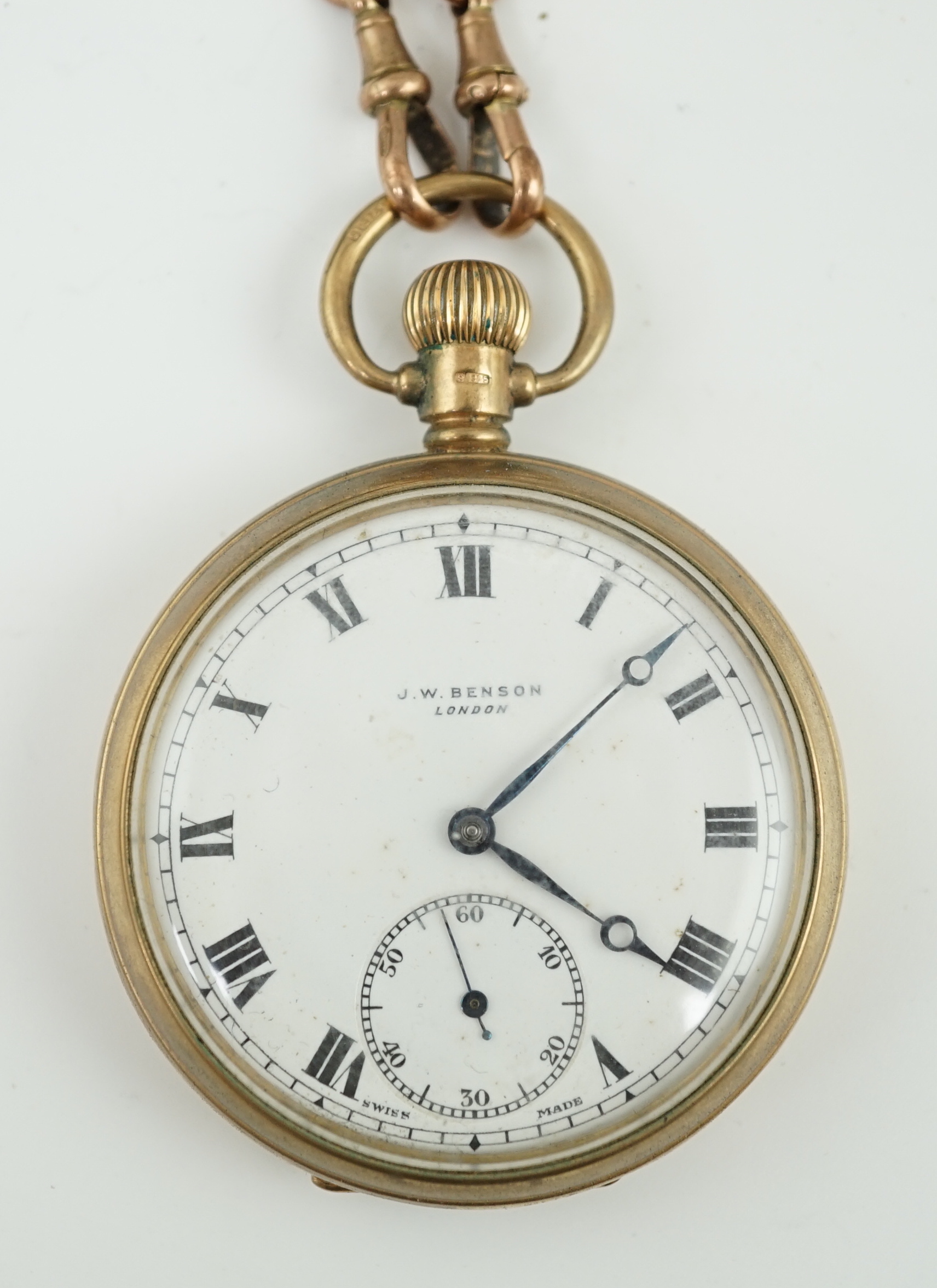 A George V J.W. Benson 9ct gold open face keyless pocket watch, with a 9ct gold curb link albert